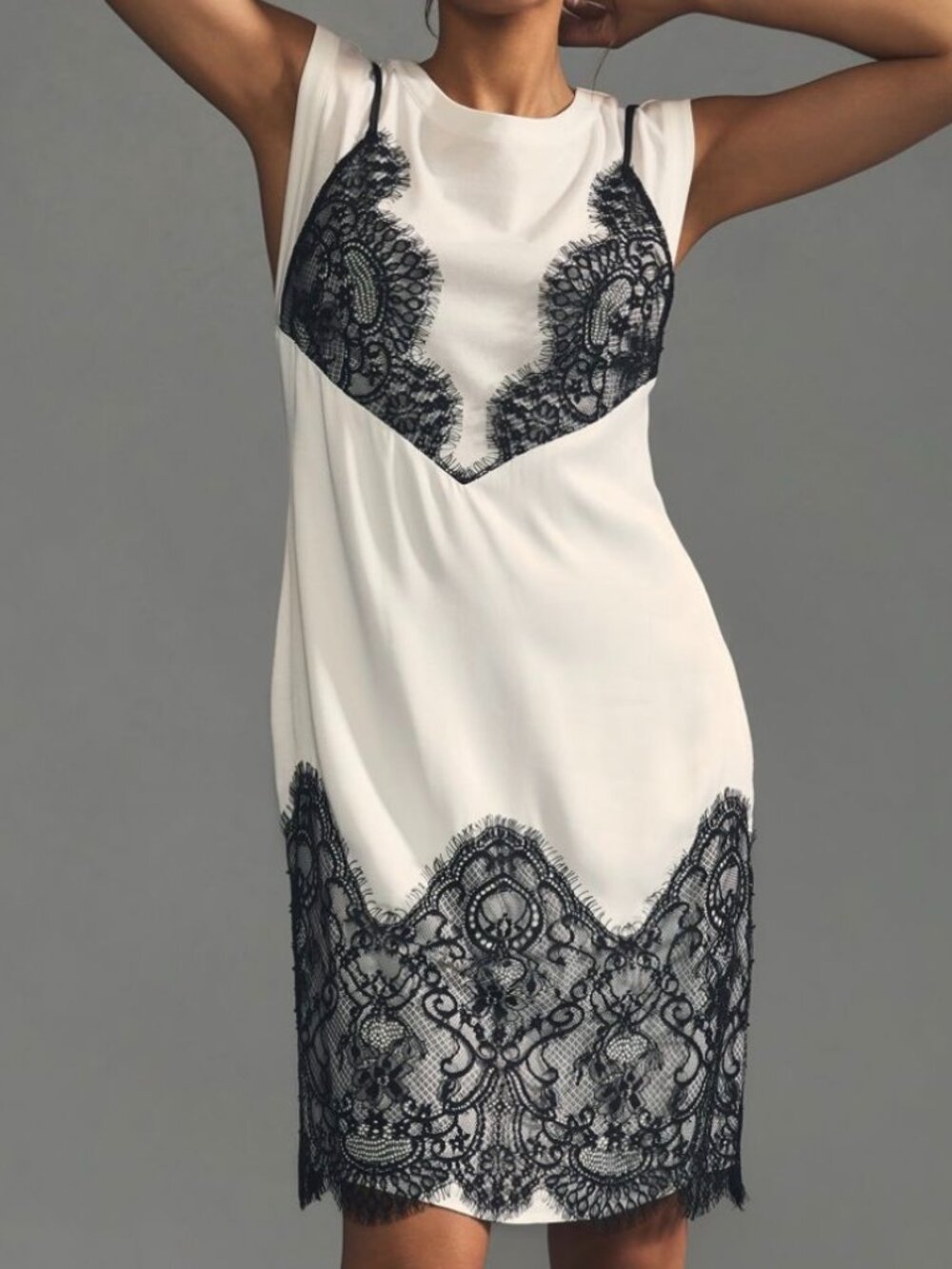 🌟 MAEVE 🌟 ANTHROPOLOGIE LACE T-SHIRT SLIP LAYERED DRESS WHITE BLACK SZ XS